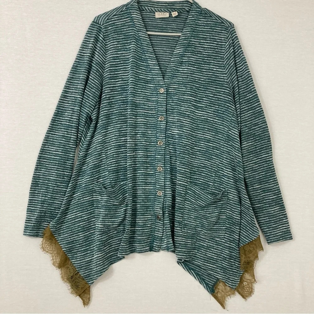 LOGO by Lori Goldstein Lace Hem Boho Button Lightweight Cardigan Large